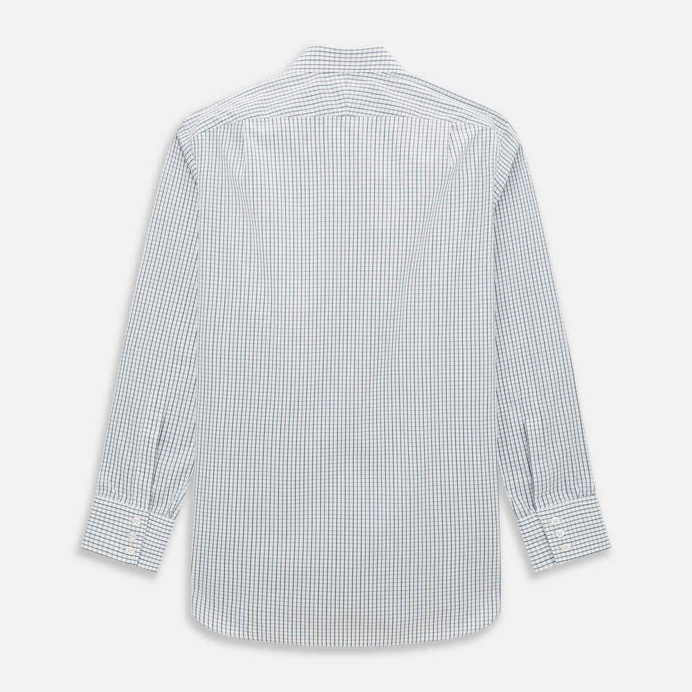 The Turnbull & Asser Blue and Coffee Tattersall Check Mayfair Shirt is a long-sleeved, button-up style made from Italian cotton, featuring a collar and buttoned cuffs, shown laid flat against a white background.
