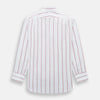 View 3 of product The Turnbull & Asser Dark Red Track Stripe Mayfair Shirt is crafted from Italian cotton, featuring a pointed collar and buttoned cuffs. Displayed against a plain light background.