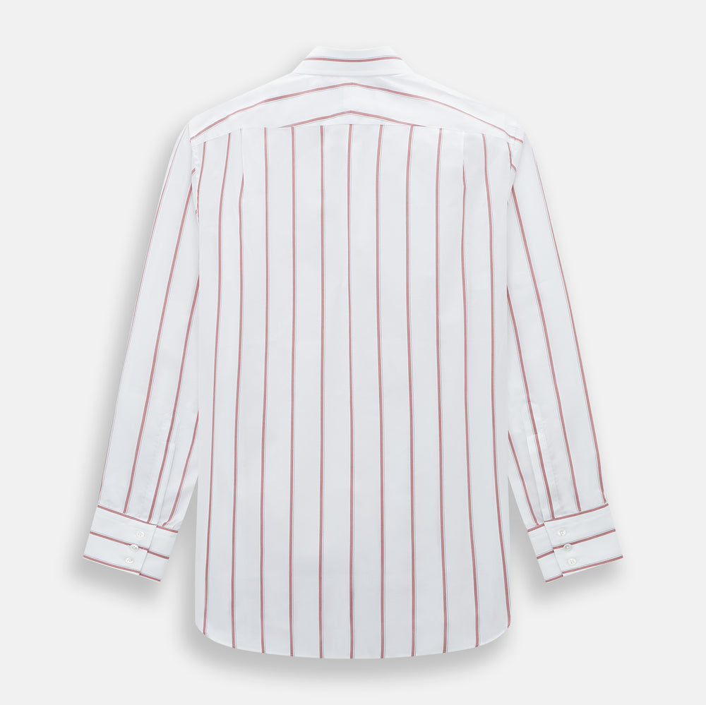 The Turnbull & Asser Dark Red Track Stripe Mayfair Shirt is crafted from Italian cotton, featuring a pointed collar and buttoned cuffs. Displayed against a plain light background.