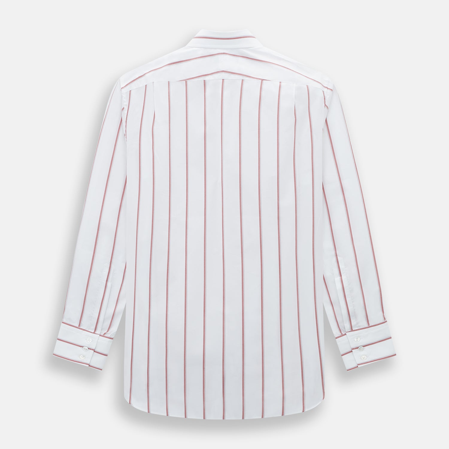 View 3 of product The Turnbull & Asser Dark Red Track Stripe Mayfair Shirt is crafted from Italian cotton, featuring a pointed collar and buttoned cuffs. Displayed against a plain light background.