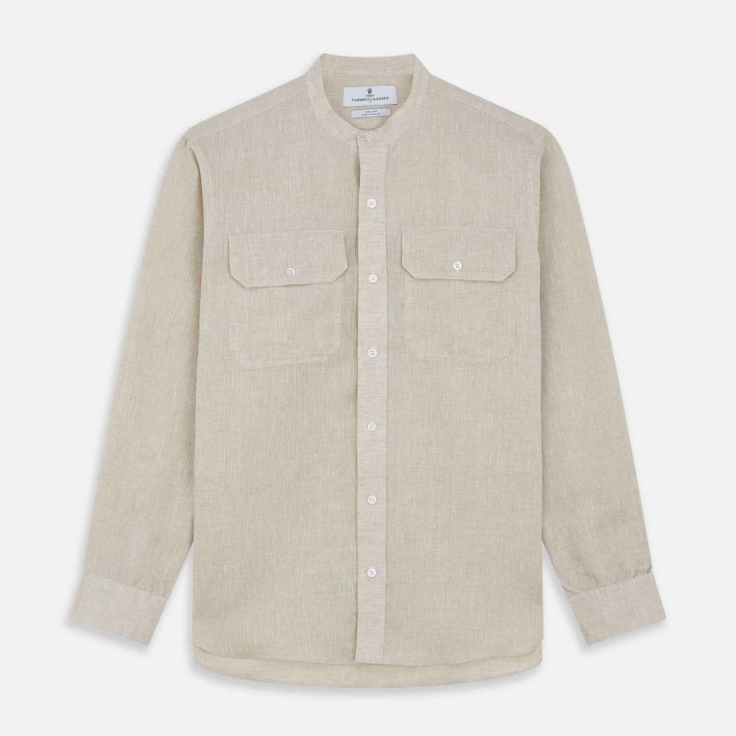 View 1 of product The Turnbull & Asser Light Oatmeal Linen Weekend Fit Unwin Shirt features long sleeves, a band collar, and two chest pockets—an ideal choice for effortless summer style.