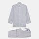 The Turnbull & Asser Pale Blue Multi Stripe Cotton Quin Pyjamas, featuring a long-sleeve button-up top and matching adjustable tie-waist pants, are neatly arranged on a white background.