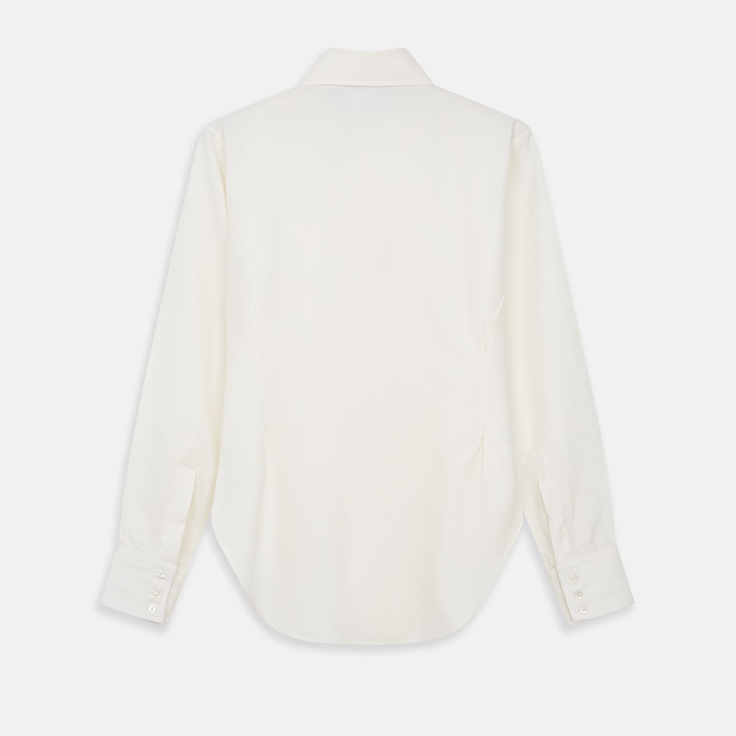 View 3 of product The Cream Silk Tailored Bianca Shirt by Turnbull & Asser features long sleeves, a pointed collar, and curved hem in soft-touch peace silk with a tailored fit. Shown laid flat on a white background.