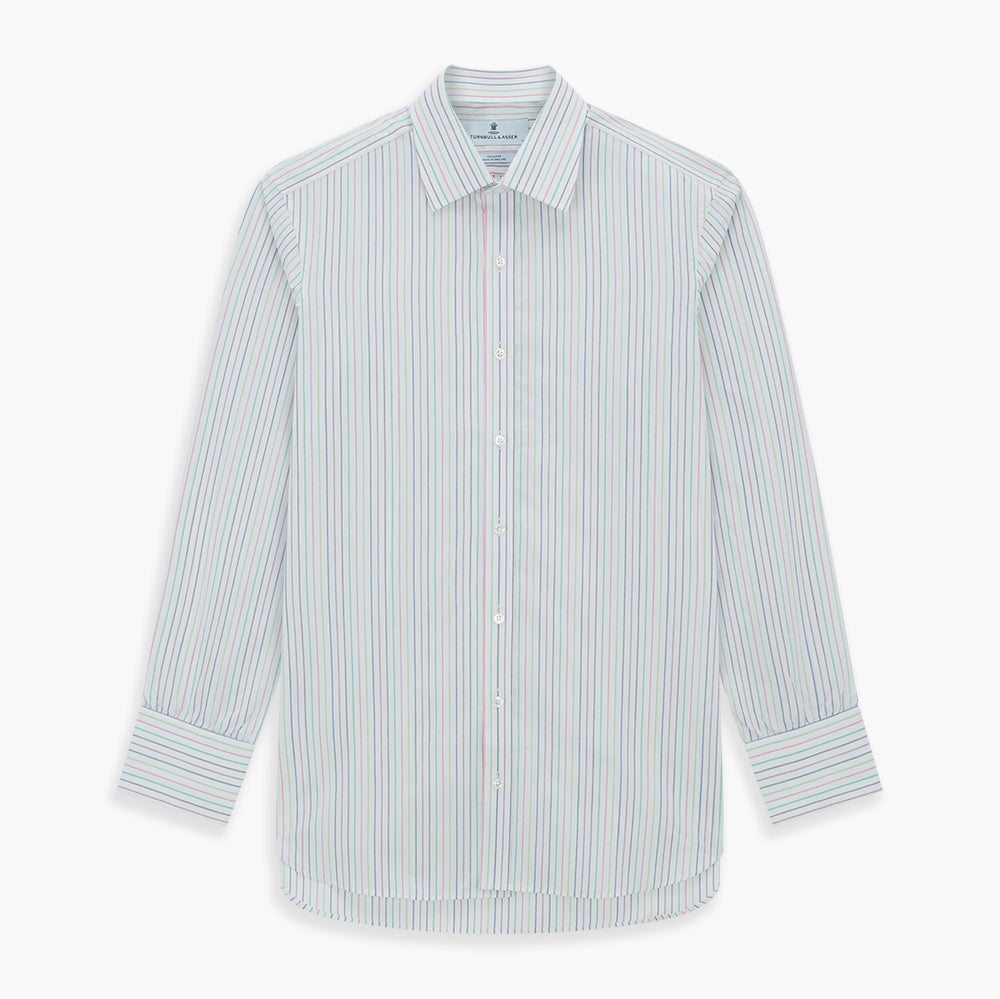 The Turnbull & Asser Multicoloured Double Pinstripe Mayfair Shirt, made from organic cotton, features thin blue, green, and pink stripes on white and is displayed laid flat on a white surface.