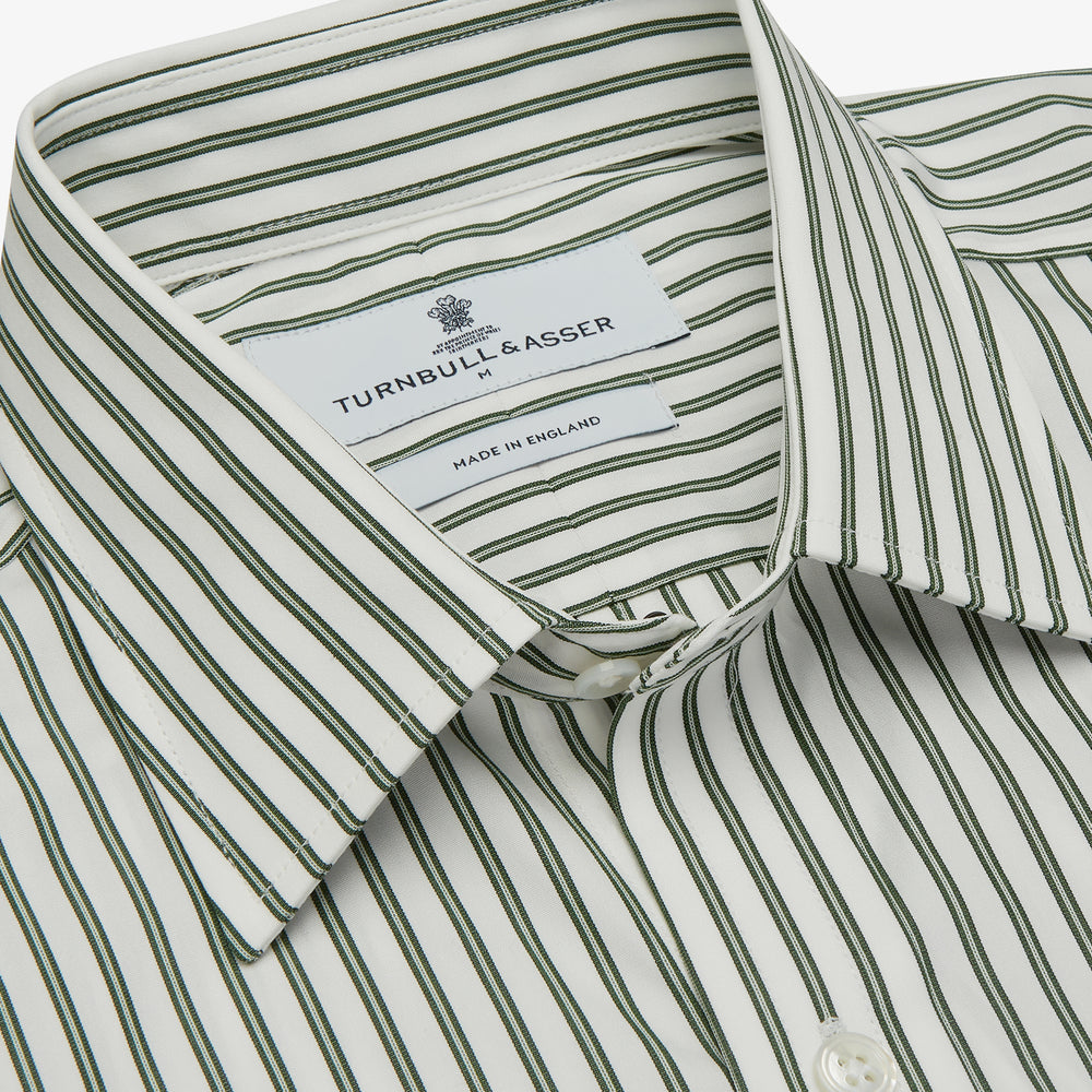 The Turnbull & Asser Green Stripe Weekend Fit Shirt features a derby collar, 1-button cuffs, and relaxed fit, perfect for smart-casual style, shown laid flat on a white background.
