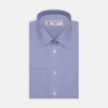 View 1 of product The Turnbull & Asser Blue Hairline Stripe Shirt features a T&A collar, 3-button cuffs, and white buttons. Made from light blue cotton with subtle stripes, it’s neatly folded with the label visible inside the collar on a plain white background.