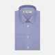 The Turnbull & Asser Blue Hairline Stripe Shirt features a T&A collar, 3-button cuffs, and white buttons. Made from light blue cotton with subtle stripes, it’s neatly folded with the label visible inside the collar on a plain white background.