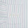 View 4 of product The Turnbull & Asser Pink and Green Wide Pinstripe Mayfair Shirt is a long-sleeve, button-up shirt made from organic cotton, shown laid flat on a white background.