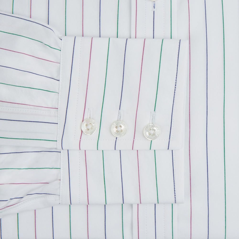 The Turnbull & Asser Pink and Green Wide Pinstripe Mayfair Shirt is a long-sleeve, button-up shirt made from organic cotton, shown laid flat on a white background.