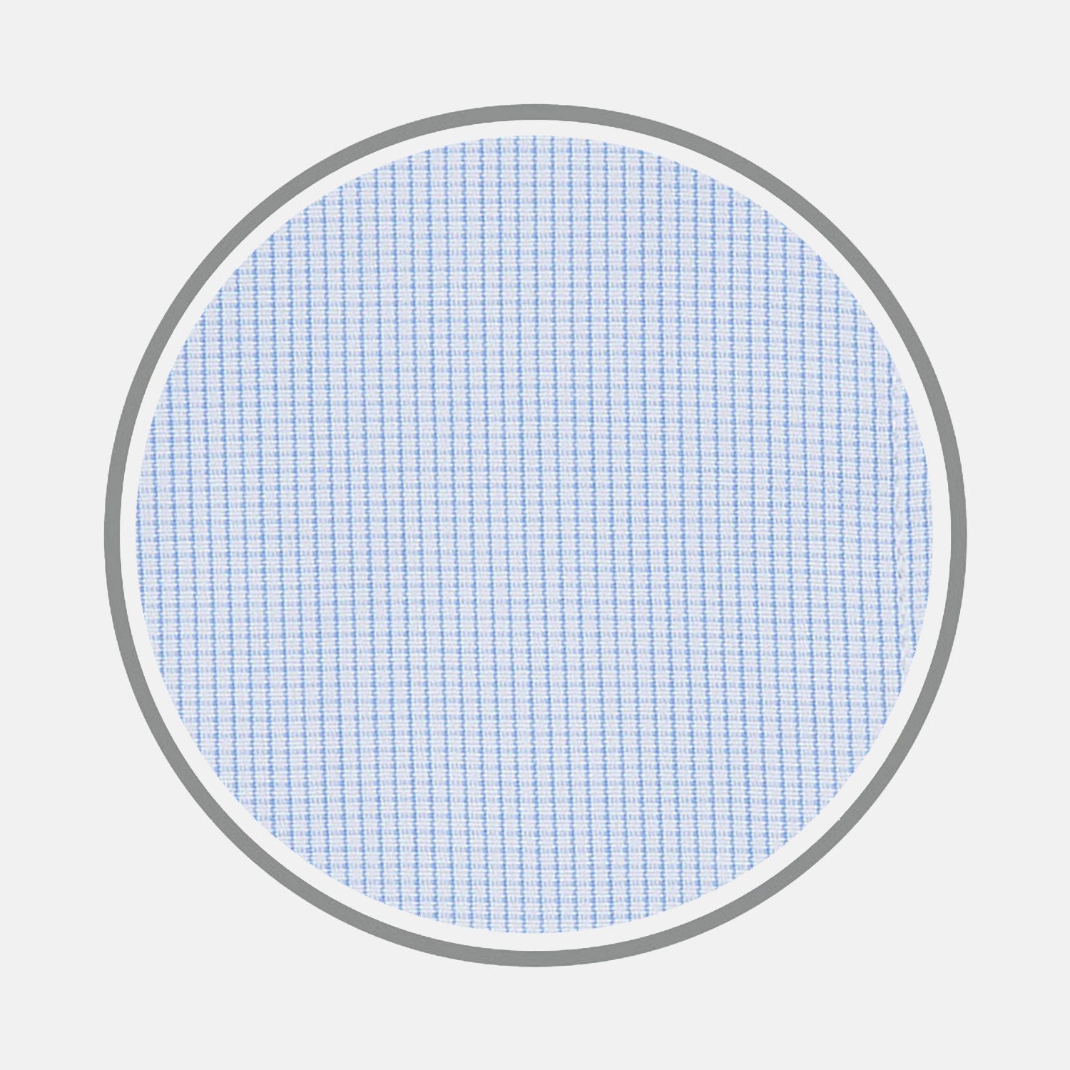 View 1 of product A circular swatch of Turnbull & Asser’s Light Blue Fine Check Cotton Fabric, featuring a fine vertical white grid on light blue, is bordered by a thin gray outline and shown against a plain white background.