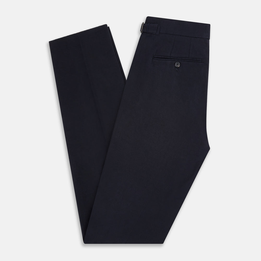 A pair of tailored, straight-leg Navy Linen Blend Henry Trousers by Turnbull & Asser with button and zip closure, displayed against a plain white background.