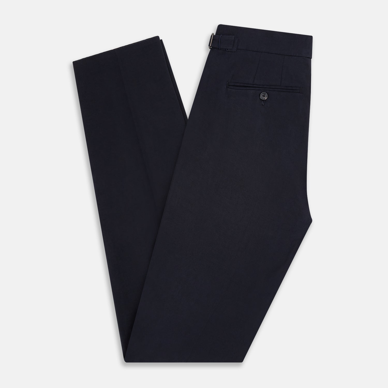 View 6 of product A pair of tailored, straight-leg Navy Linen Blend Henry Trousers by Turnbull & Asser with button and zip closure, displayed against a plain white background.