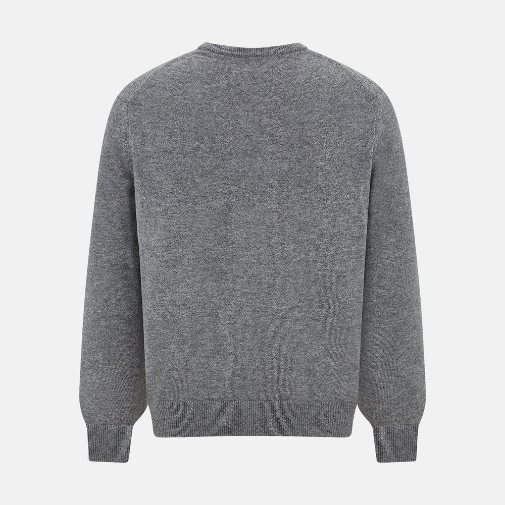 The Turnbull & Asser Grey Melange Cashmere V-neck Jumper features long sleeves, ribbed cuffs and hem, showcasing timeless style against a white background.