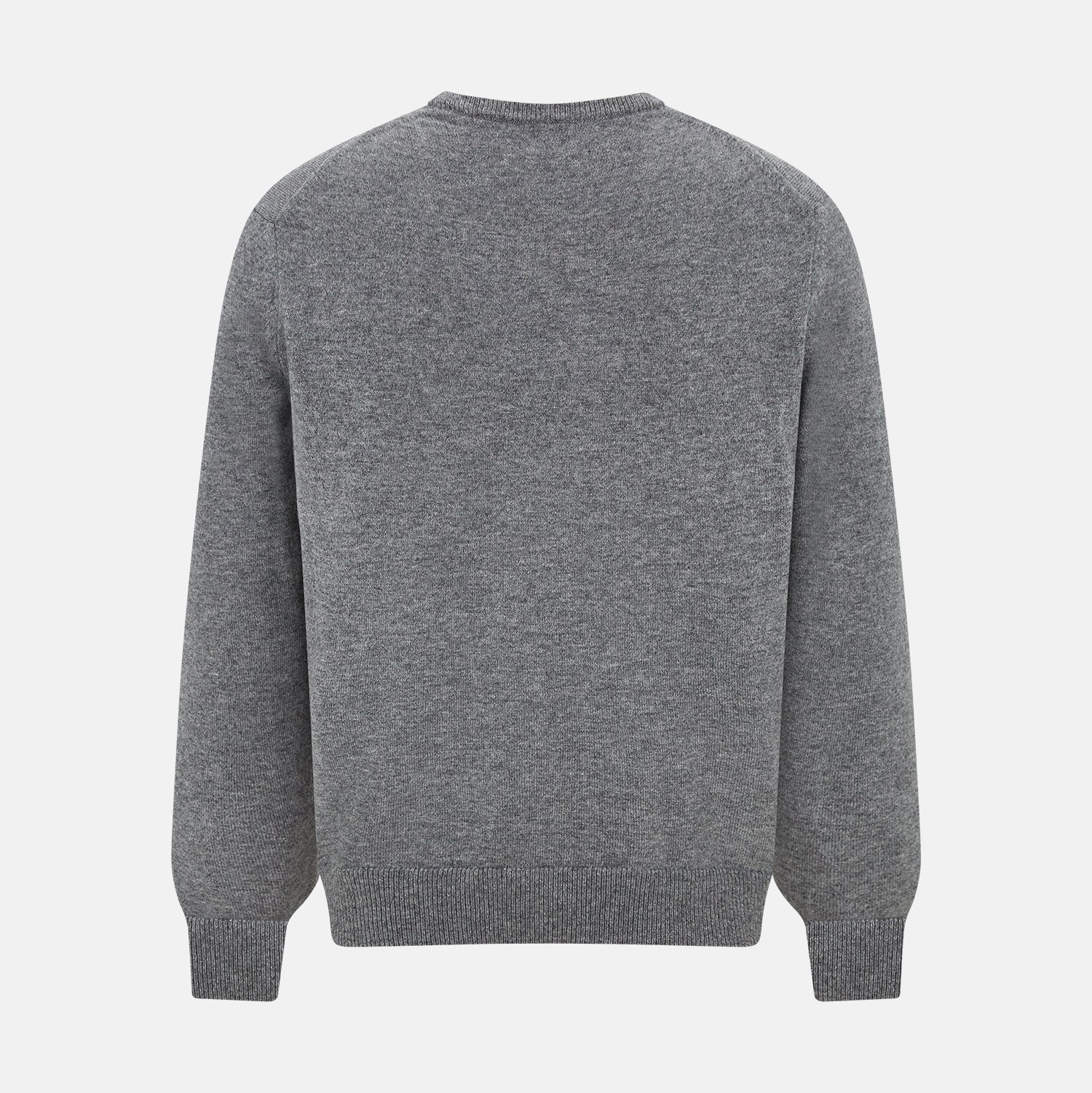View 3 of product The Turnbull & Asser Grey Melange Cashmere V-neck Jumper features long sleeves, ribbed cuffs and hem, showcasing timeless style against a white background.