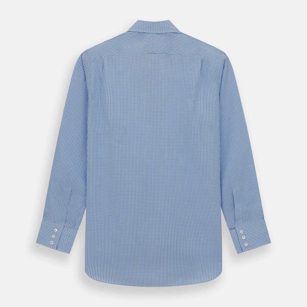 The Turnbull & Asser Light Blue Gingham Check Shirt features a T&A collar, 3-button cuffs, classic gingham pattern, and white buttons down the front, shown laid flat on a white background.