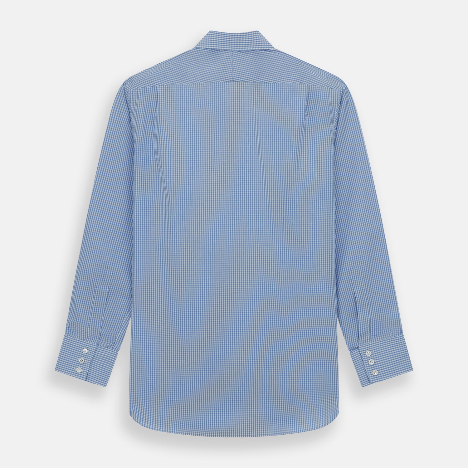 View 5 of product The Turnbull & Asser Light Blue Gingham Check Shirt features a T&A collar, 3-button cuffs, classic gingham pattern, and white buttons down the front, shown laid flat on a white background.