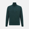 View 1 of product The Forest Green Melange Half-Zip Cashmere Jumper by Turnbull & Asser features a high collar and long sleeves, showcased against a plain white background.