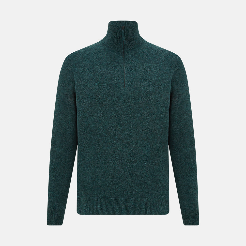 The Forest Green Melange Half-Zip Cashmere Jumper by Turnbull & Asser features a high collar and long sleeves, showcased against a plain white background.