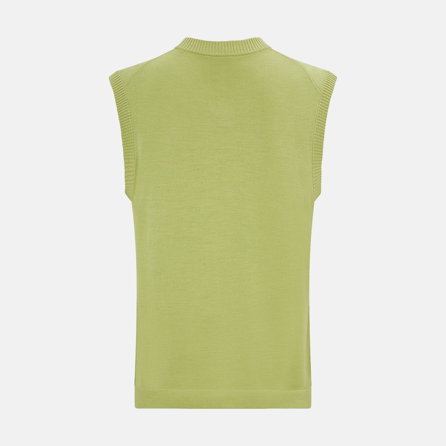 View 3 of product The Turnbull & Asser Melon Green Fine Merino V-Neck Vest, sleeveless with ribbed edges, is shown on a white background—ideal for layering or wearing alone as an elegant gentleman's piece.
