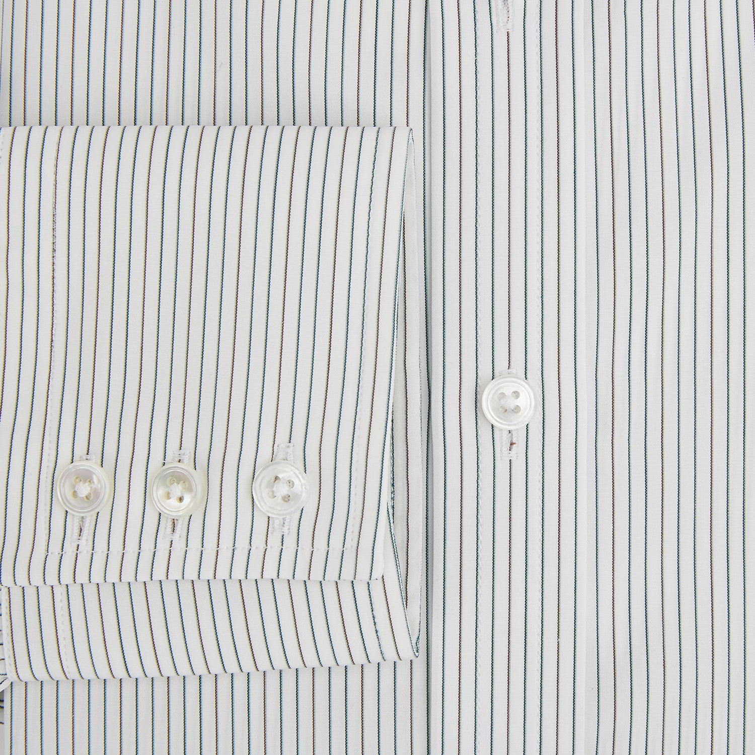 View 4 of product The Turnbull & Asser Green and Brown Ticking Stripe Mayfair Shirt, a long-sleeve, button-up style with a T&A collar, is crafted from premium Italian cotton and laid flat on a white background.
