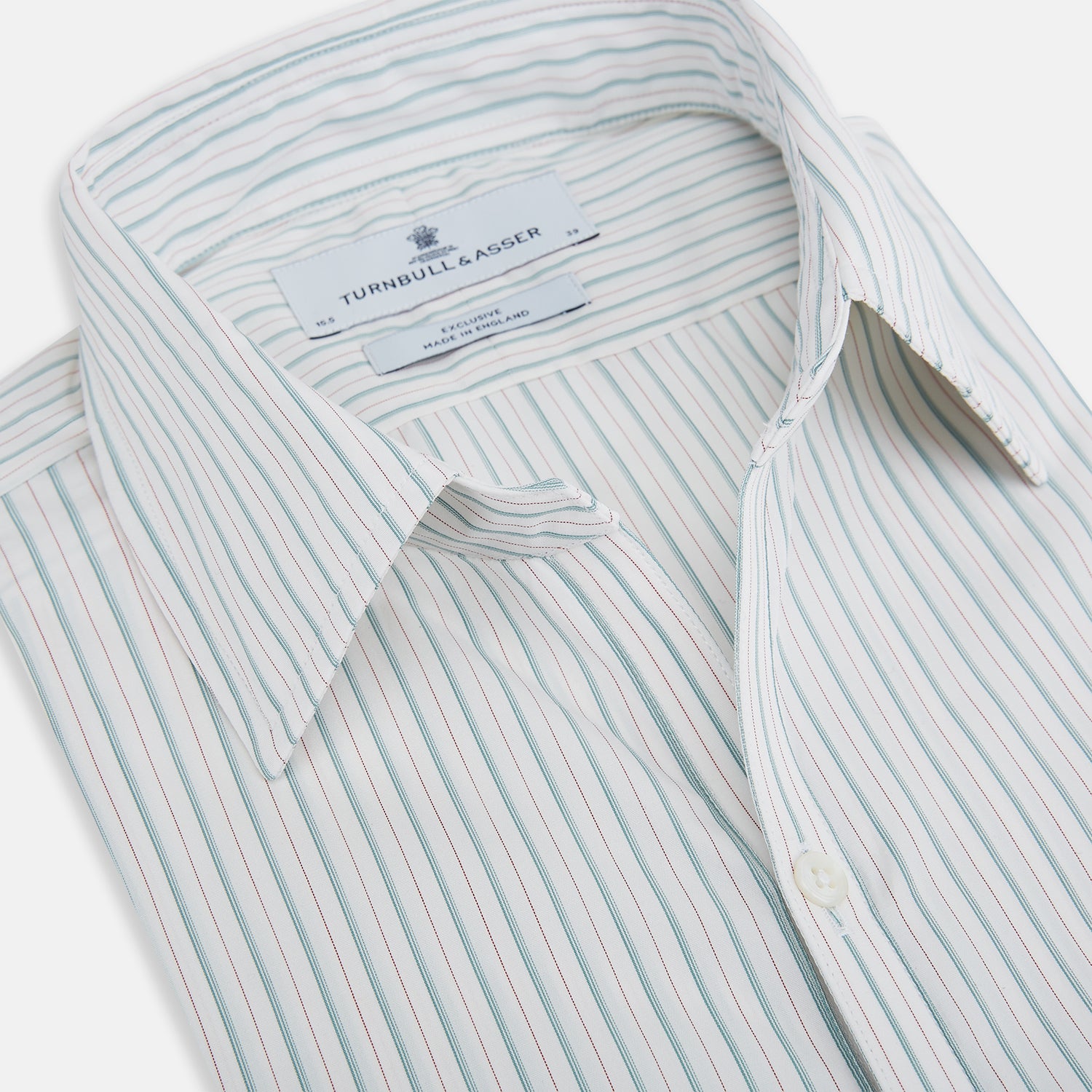 View 2 of product The Turnbull & Asser Turquoise and Red Ticking Stripe Windsor Shirt, featuring a classic collar and buttoned cuffs, is displayed flat against a white background.