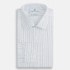 View 5 of product The Blue Wide Pinstripe Mayfair Shirt by Turnbull & Asser is a contemporary long-sleeve button-down with a collar, crafted from white fabric with bold vertical blue pinstripes. It is displayed neatly on a plain white background.