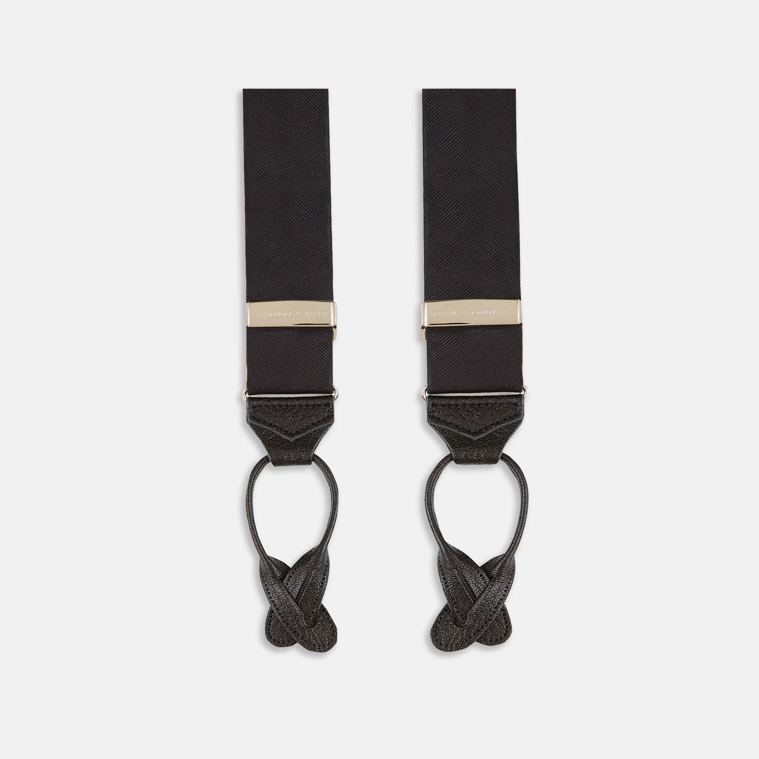 View 4 of product Turnbull & Asser Black Herringbone Adjustable Silk Braces feature leather button loops and silver adjusters—ideal for refined sartorial style. Displayed on a white background.