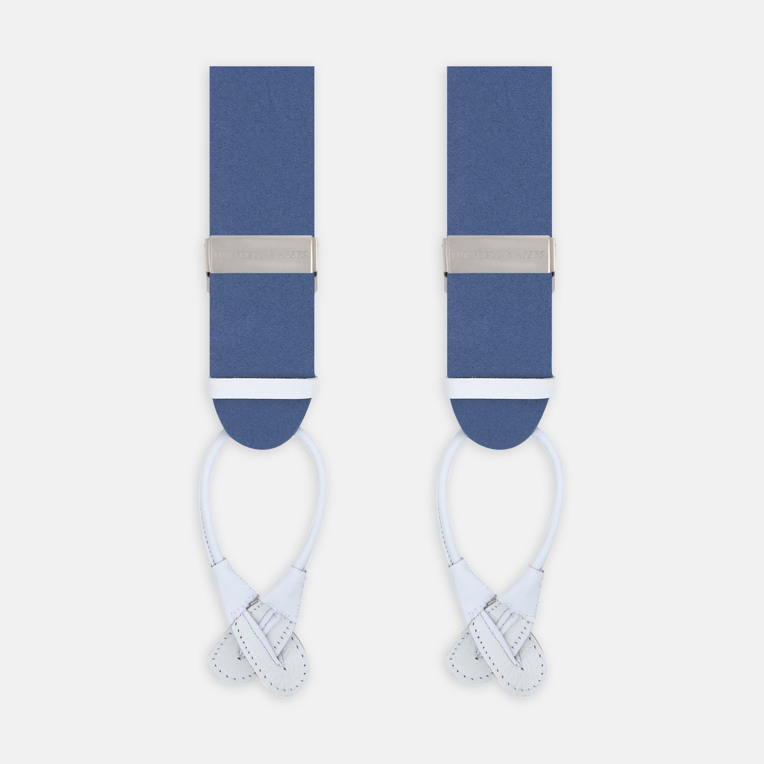 View 1 of product The Turnbull & Asser Blue Adjustable Felt Braces feature silver clasps and white leather ends, ideal for smart occasions. Shown on a light background.