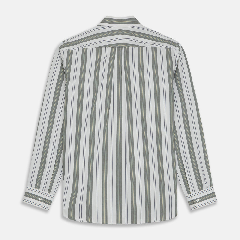The Turnbull & Asser Green, Blue & White Stripe Weekend Fit Shirt features a Derby collar, 1-button cuffs, and chest pocket—ideal for stylish winter layering and classic sophistication.