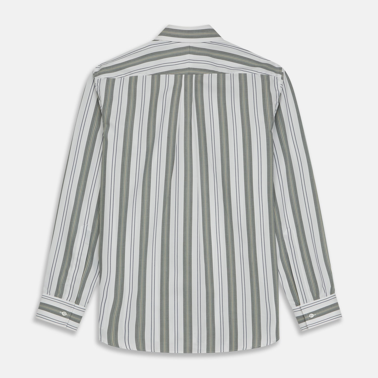 View 6 of product The Turnbull & Asser Green, Blue & White Stripe Weekend Fit Shirt features a Derby collar, 1-button cuffs, and chest pocket—ideal for stylish winter layering and classic sophistication.