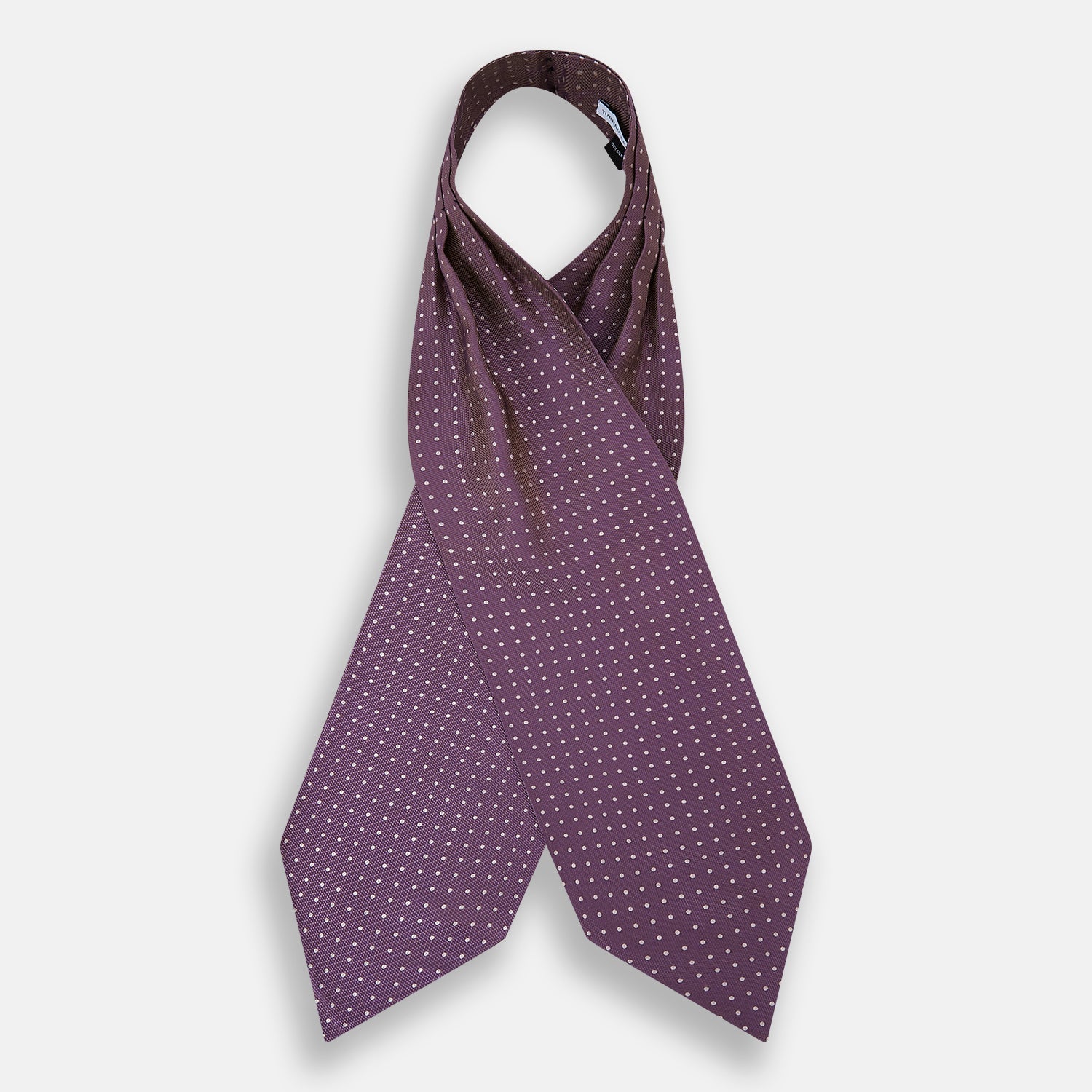 View 2 of product The Lilac and Violet Micro Dot Silk Cravat by Turnbull & Asser features small white polka dots on elegant silk, expertly crafted for a refined look, and is shown against a white background.