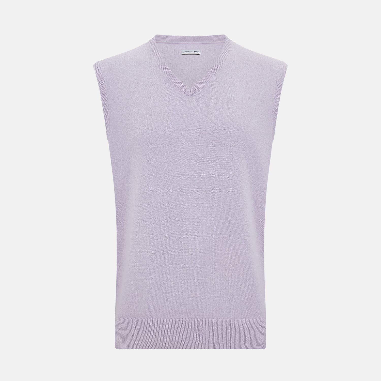 View 1 of product The Turnbull & Asser Lilac Cashmere V-Neck Vest is a sleeveless knit with a ribbed hem, showcasing sophisticated style in light purple against a plain white background.