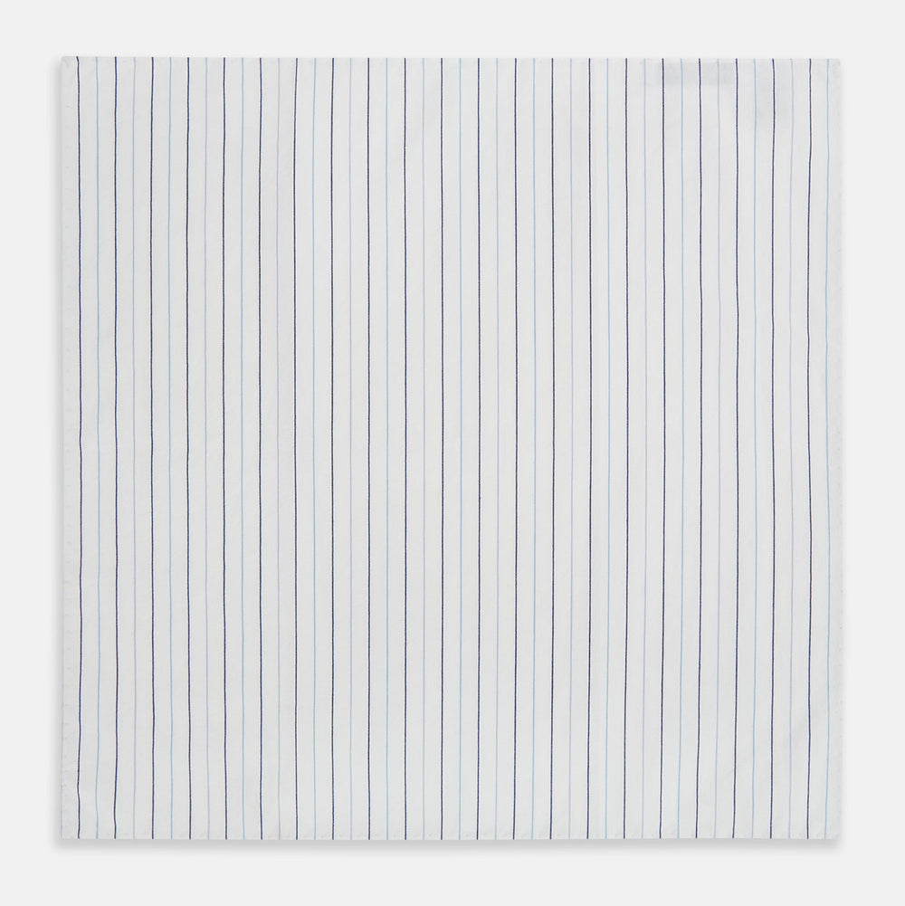 The Turnbull & Asser Navy and Blue Wide Pinstripe Hand-Rolled Handkerchief features bold vertical stripes and is shown flat on a white background.