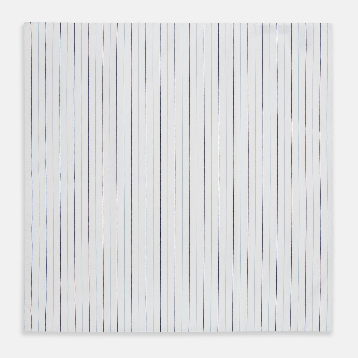 View 3 of product The Turnbull & Asser Navy and Blue Wide Pinstripe Hand-Rolled Handkerchief features bold vertical stripes and is shown flat on a white background.