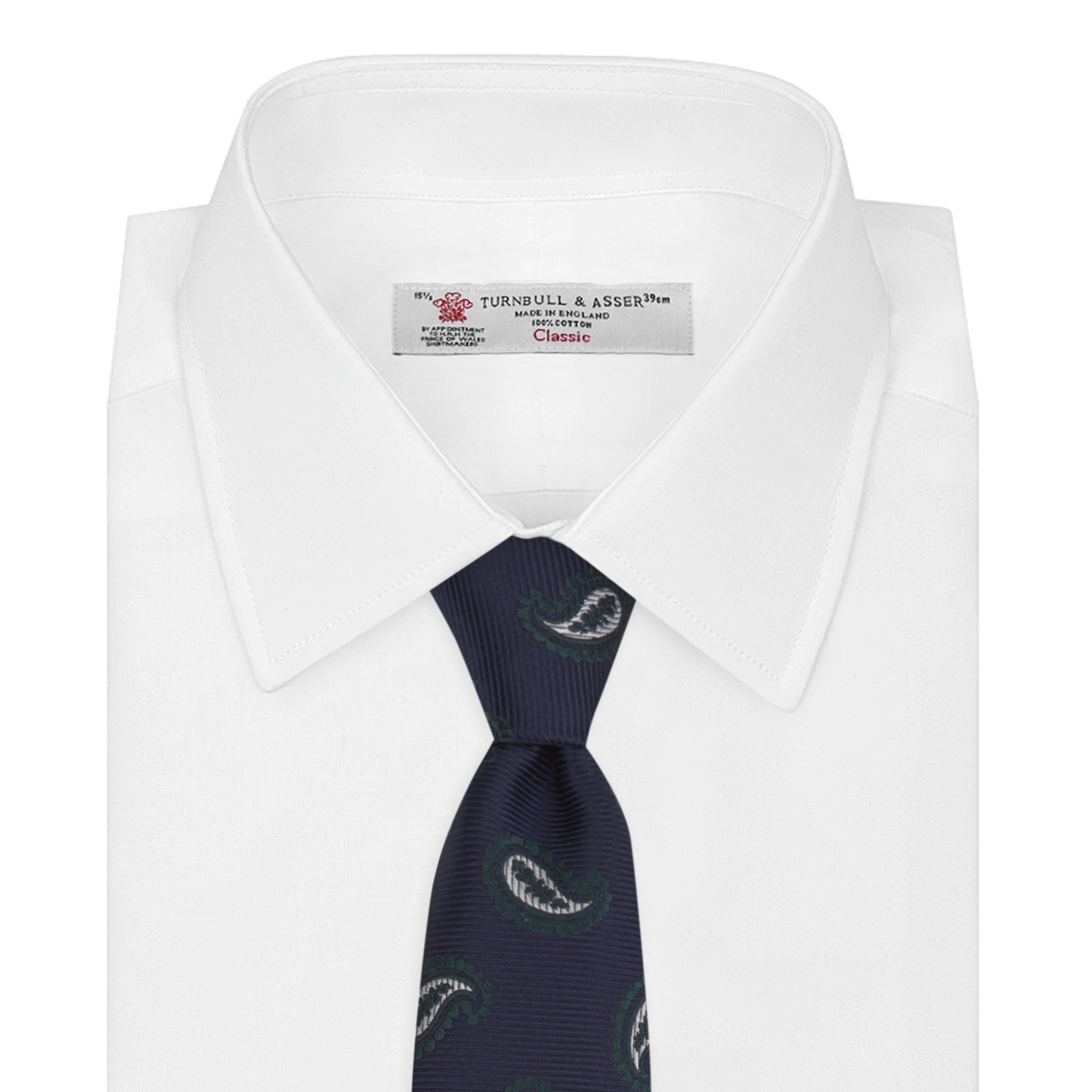 View 3 of product The Turnbull & Asser Navy and Forest Green Floating Paisley Silk Tie features a green and white paisley pattern, elegantly rolled up for a stylish presentation.