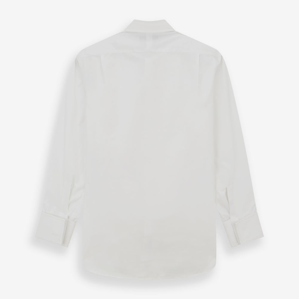 The Turnbull & Asser White Pleated Cotton Dress Shirt features a T&A collar, double cuffs, a button-down front, elegant chest pleats, and a slightly curved hem for a classic formal look.