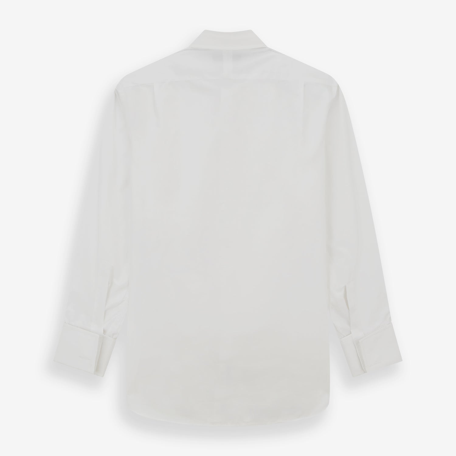 View 3 of product The Turnbull & Asser White Pleated Cotton Dress Shirt features a T&A collar, pleated front, double cuffs, and a button-down front, shown laid flat against a white background.