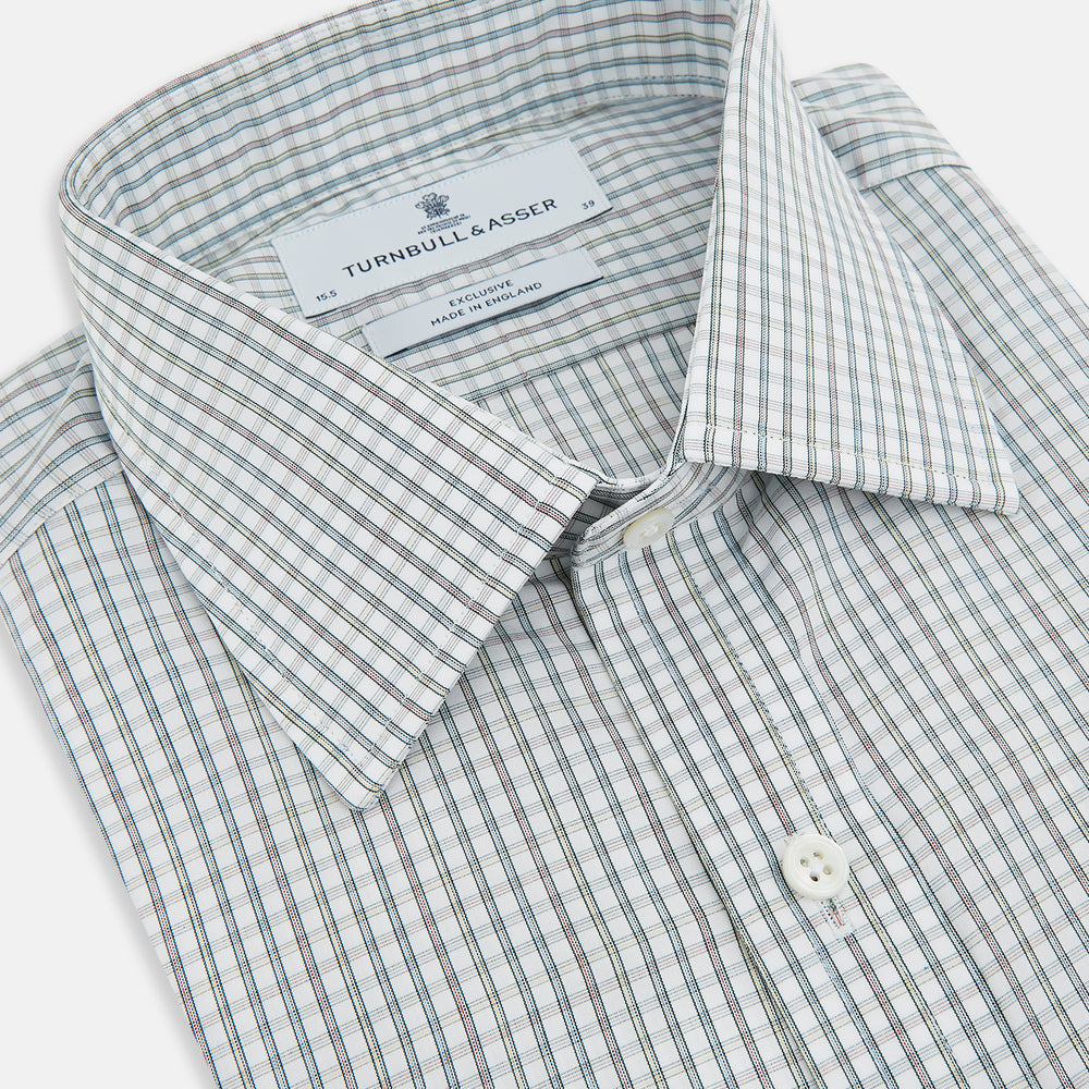 The Turnbull & Asser Forest Green with Multi-Hued Graph Check Mayfair Shirt is a long-sleeve button-up with a classic collar and buttoned cuffs, featuring fine British craftsmanship, shown flat on a white background.