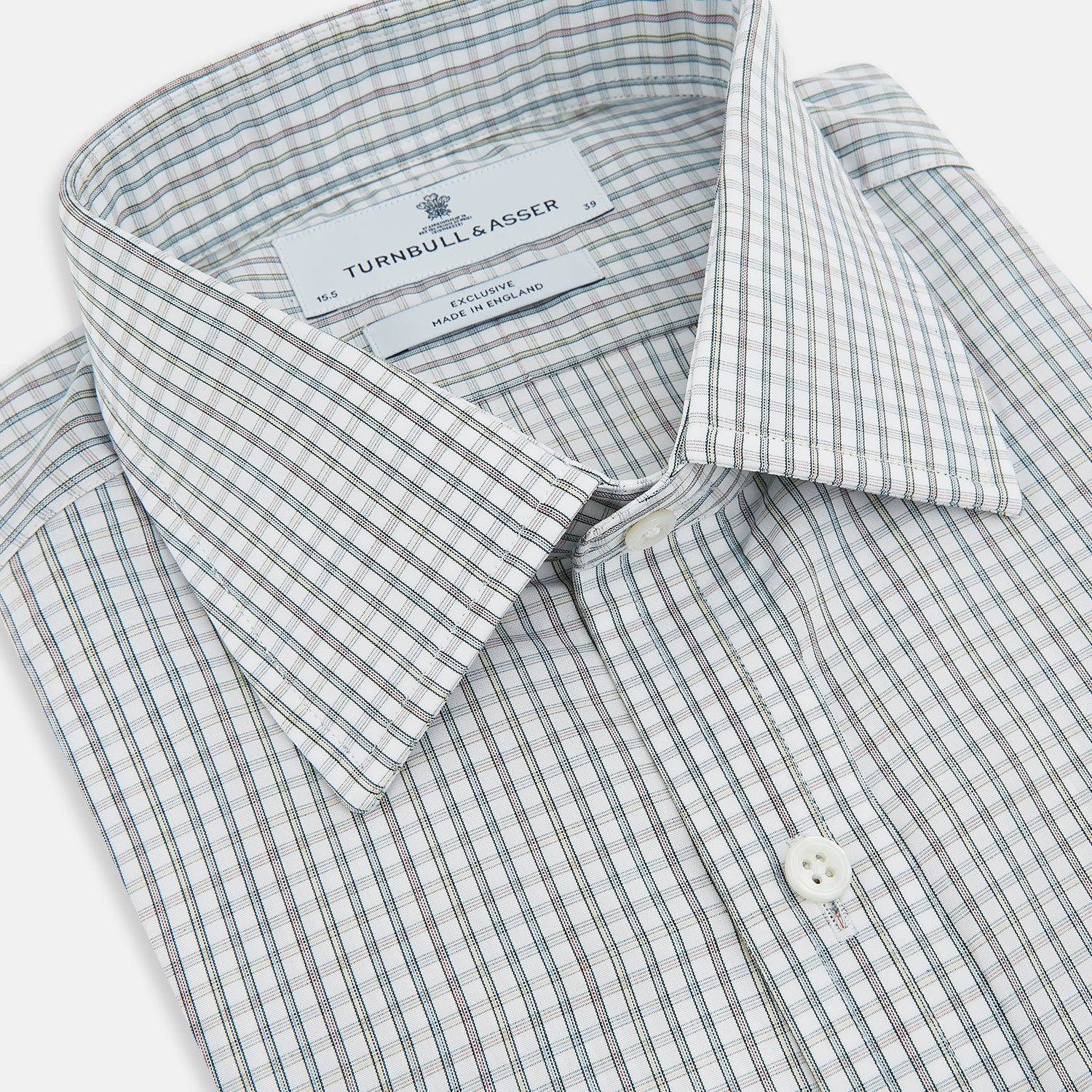 View 2 of product The Turnbull & Asser Forest Green with Multi-Hued Graph Check Mayfair Shirt is a long-sleeve button-up with a classic collar and buttoned cuffs, featuring fine British craftsmanship, shown flat on a white background.
