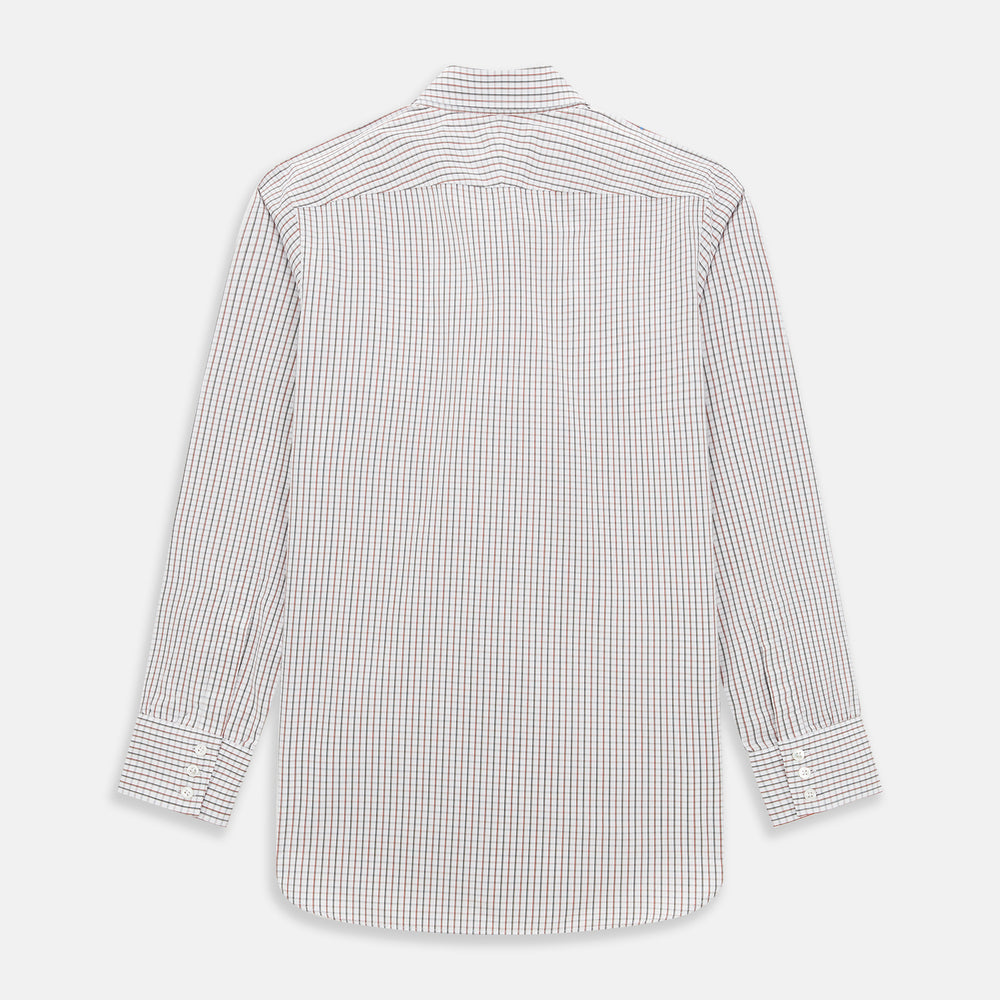 The Turnbull & Asser Red and Midnight Blue Tattersall Check Windsor Shirt features British craftsmanship, shown laid flat with sleeves extended and collar neatly folded.