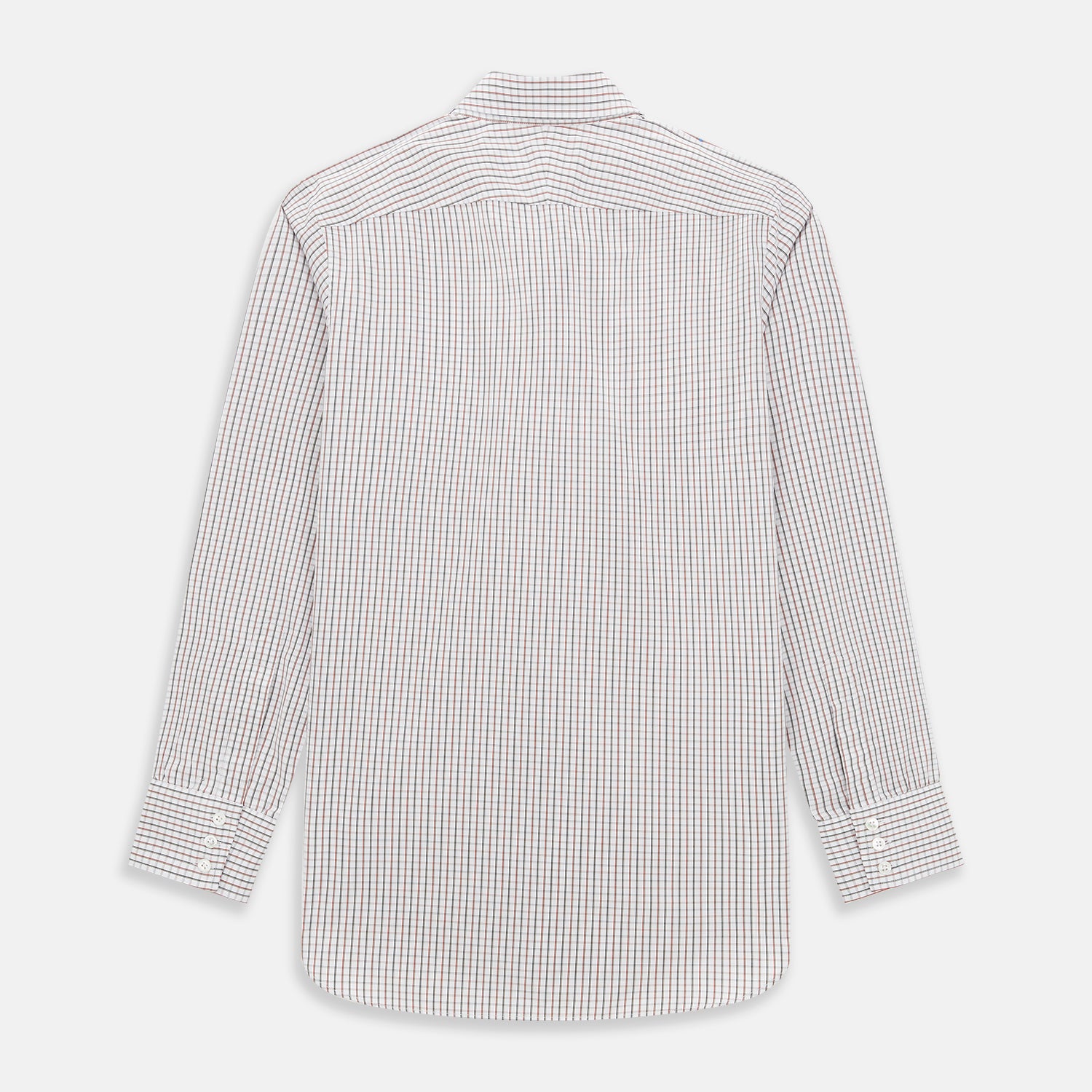 View 3 of product The Turnbull & Asser Red and Midnight Blue Tattersall Check Windsor Shirt features British craftsmanship, shown laid flat with sleeves extended and collar neatly folded.