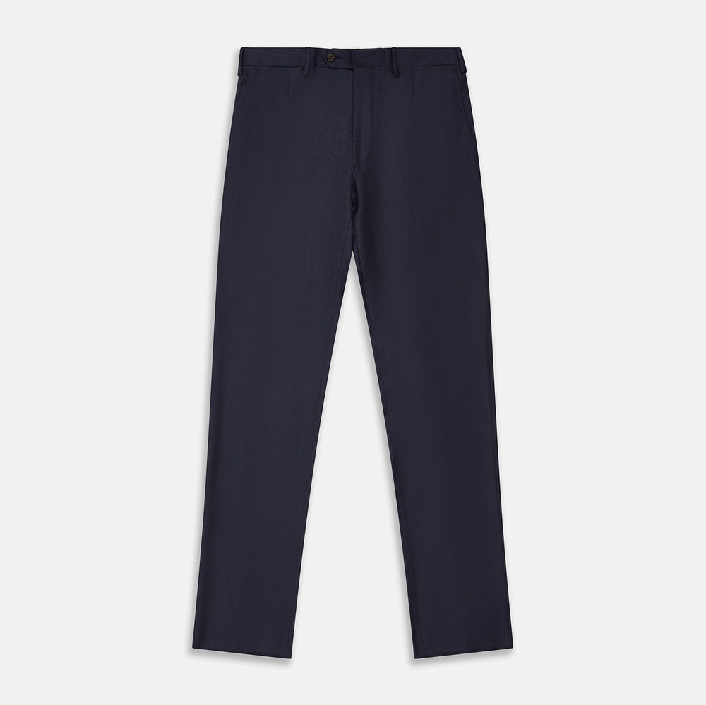 Turnbull & Asser Navy Wool Blend Single Pleated Gerry Trousers, featuring classic fit, button and zipper closure, belt loops, and straight legs, displayed flat on a white background.