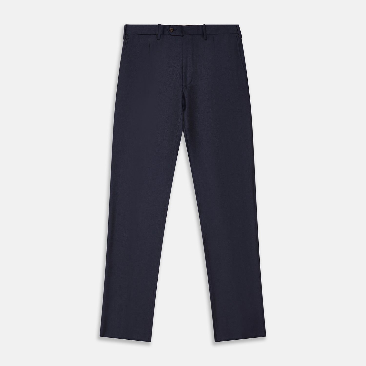 View 1 of product Turnbull & Asser Navy Wool Blend Single Pleated Gerry Trousers, featuring classic fit, button and zipper closure, belt loops, and straight legs, displayed flat on a white background.