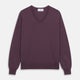 The Turnbull & Asser Plum Kennedy Merino V-Neck Jumper is a long-sleeved knitwear piece made from soft Italian wool, shown laid flat on a white background.