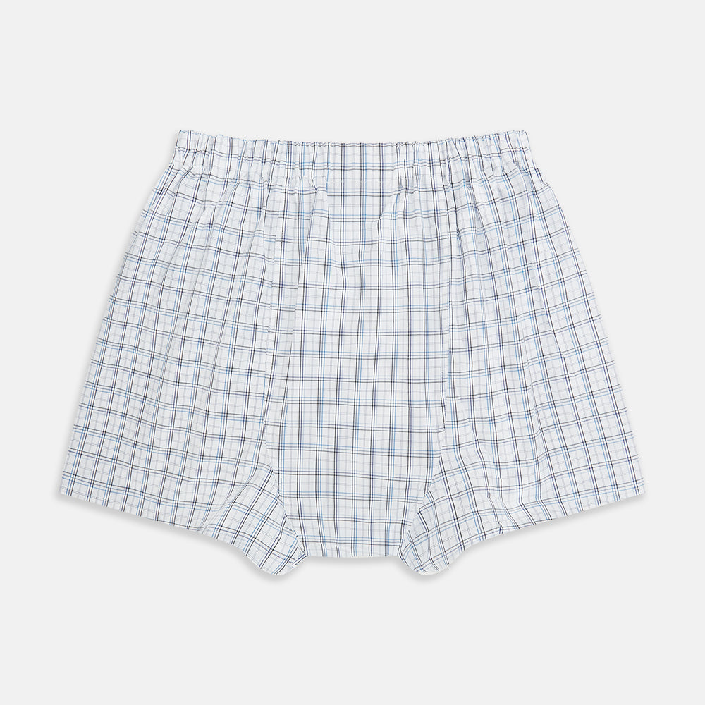 Turnbull & Asser's Blue Multi Graph Check Godfrey Boxer Shorts for men in Italian cotton feature a white base with a blue and black plaid pattern, shown flat against a plain white background.