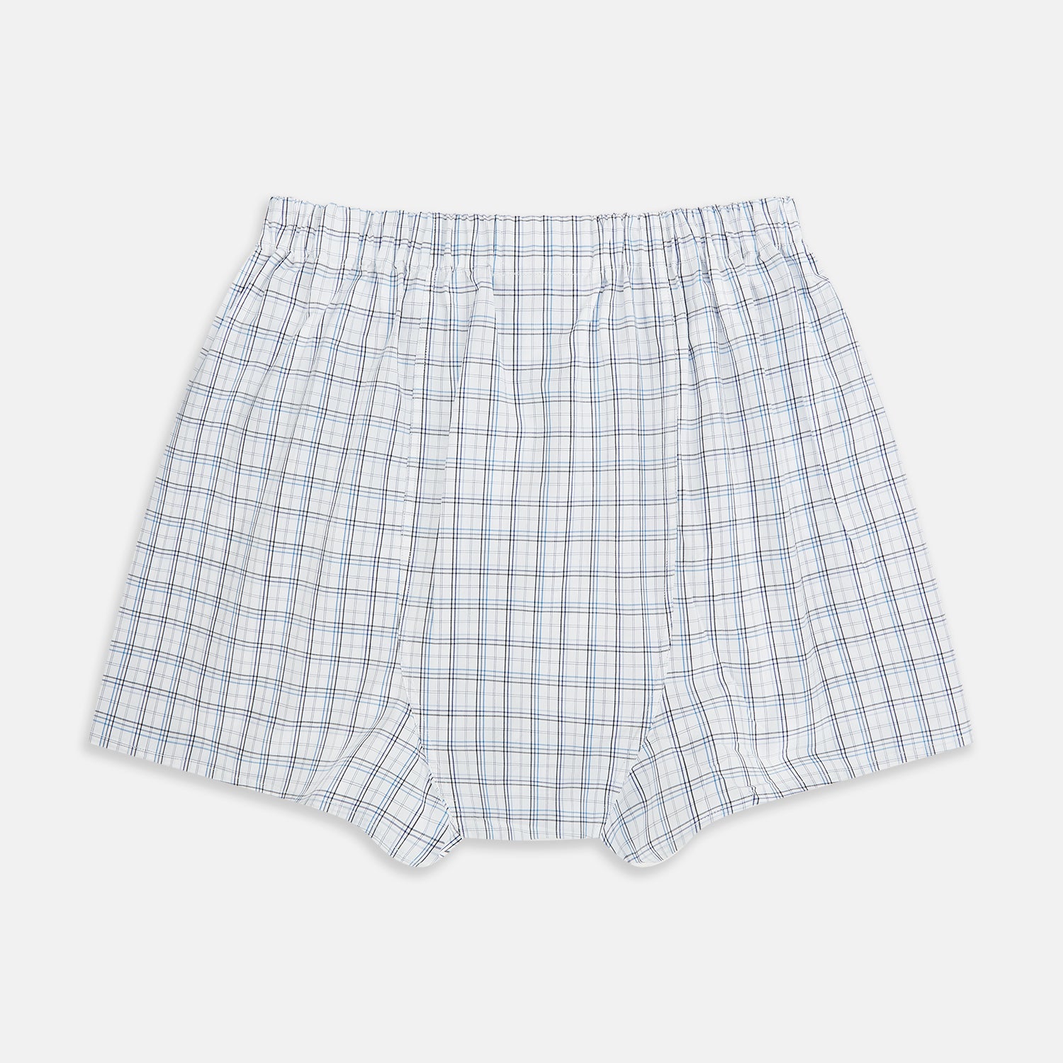 View 2 of product Turnbull & Asser's Blue Multi Graph Check Godfrey Boxer Shorts for men in Italian cotton feature a white base with a blue and black plaid pattern, shown flat against a plain white background.