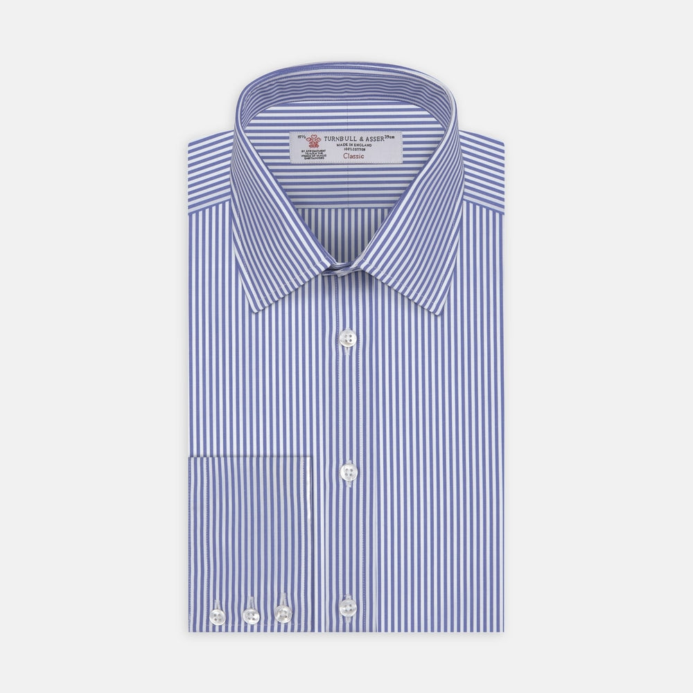 A circular swatch of Turnbull & Asser’s Blue Bengal Stripe Cotton Fabric features alternating vertical blue and white stripes with a gray border.