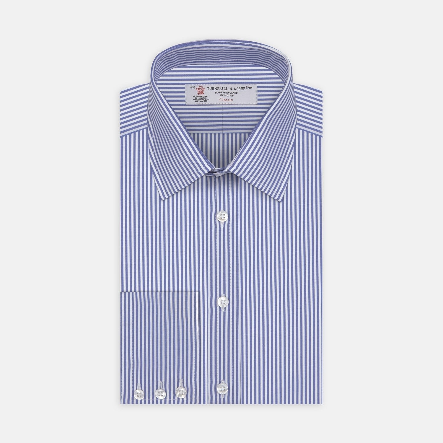 View 2 of product A circular swatch of Turnbull & Asser’s Blue Bengal Stripe Cotton Fabric features alternating vertical blue and white stripes with a gray border.