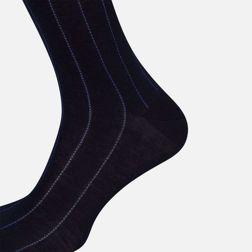 The Turnbull & Asser Azzurro/violet Dash Striped Long Sock, crafted from mercerised Egyptian cotton, features thin blue pinstripes on black and is shown upright against a plain white background.