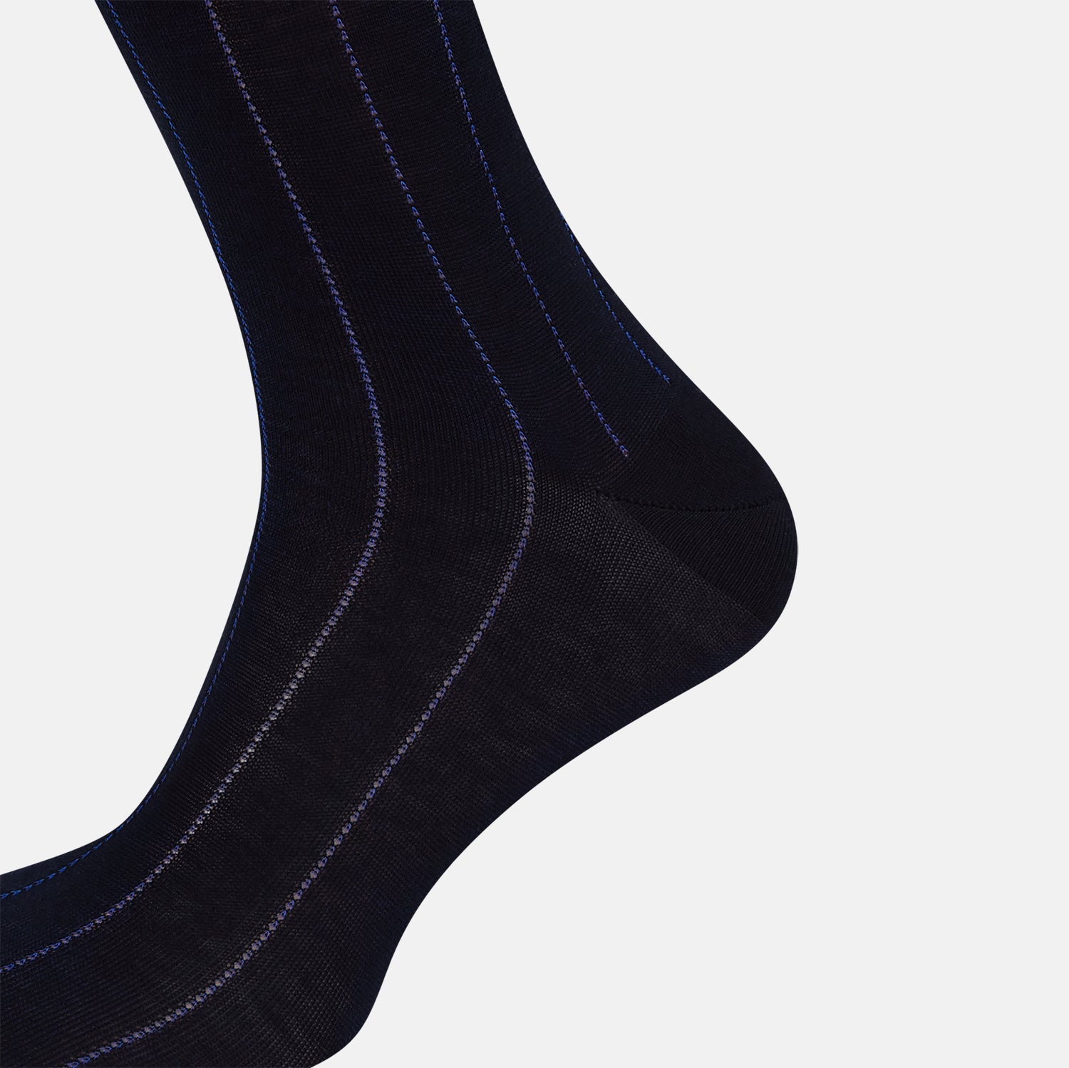 View 4 of product The Turnbull & Asser Azzurro/violet Dash Striped Long Sock, crafted from mercerised Egyptian cotton, features thin blue pinstripes on black and is shown upright against a plain white background.